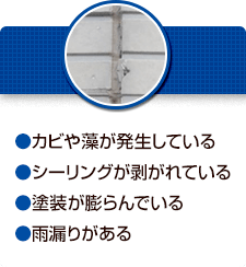●カビや藻が発生している●シーリングが剥がれている●塗装が膨らんでいる●雨漏りがある